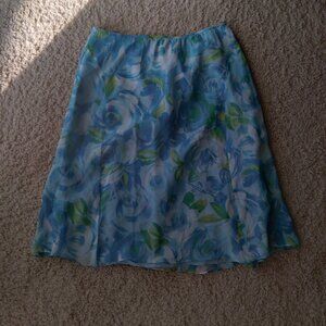 Vintage La Rue 39 Blue Floral Print Watercolor Silk A-Line Midi Skirt Size 8
